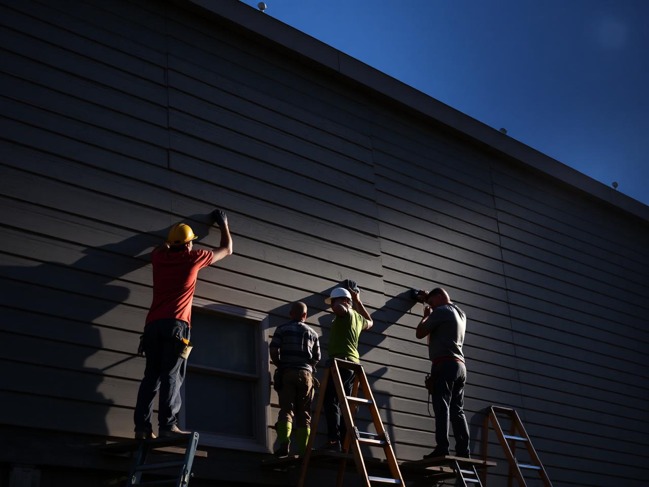 Crew installing siding on large building